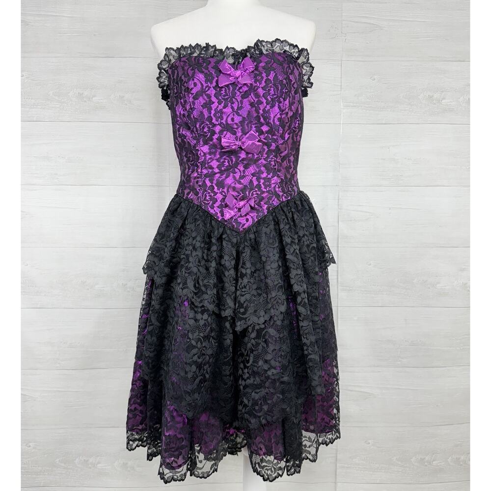 Vintage Y2K Lace Dress M Gothic Witchy Whimsigoth Bow Fairy Black Purple‎ Corset